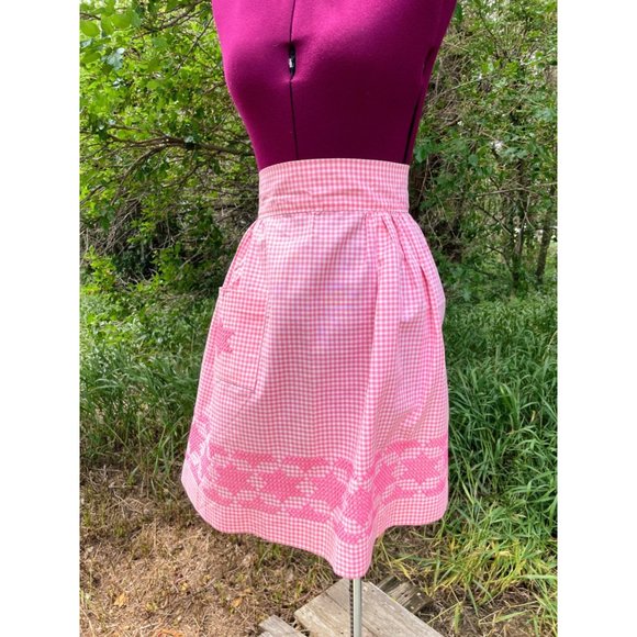Vintage 1950s Half Apron Pink Gingham Check Smocked Stars Farmhouse - Picture 12 of 16
